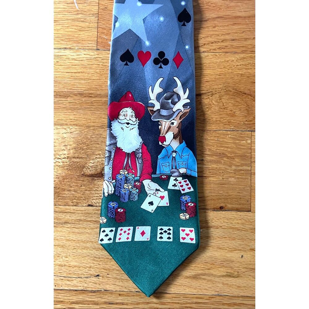 Vintage 1996 Holiday Tales Santa Reindeer Poker Silk Christmas Necktie 58x4